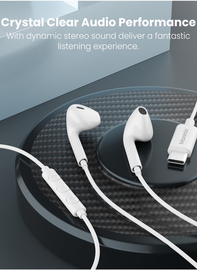 Moxedo - Moxedo Wired Stereo Earphone USB Type-C Connector Earphone with In-Line Remote, Built-in Microphone for iPhone 15/15 Plus/15 Pro/15 Pro Max/S24Ultra/S23/S23 Ultra/S22/S22 Ultra/S21 (White) - Image 1