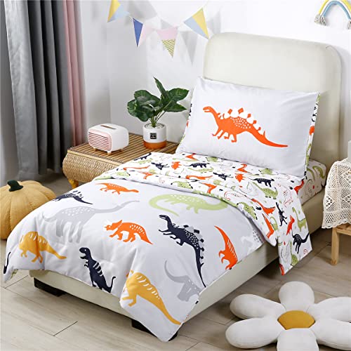 URBONUR 4-Piece Toddler Bedding Set - Ultra Soft Cartoon Jurassic Dinosaur Print Boys Toddler Comforter Set - Include Comforter, Flat Sheet, Fitted Sheet and Reversible Pillowcase, Gray Dinosaur - Image 2