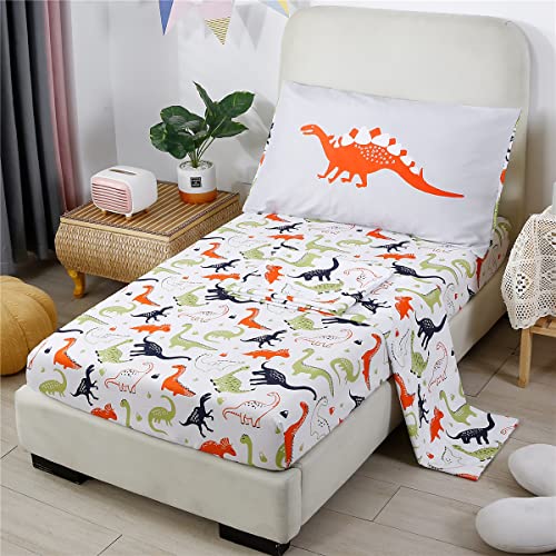 URBONUR 4-Piece Toddler Bedding Set - Ultra Soft Cartoon Jurassic Dinosaur Print Boys Toddler Comforter Set - Include Comforter, Flat Sheet, Fitted Sheet and Reversible Pillowcase, Gray Dinosaur - Image 3