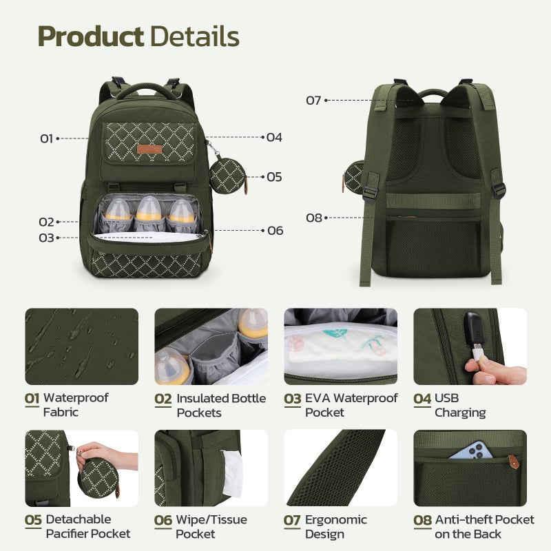 Maelstrom Large Diaper Bag,29L-45L Expandable Diaper Bag Backpack for 2 Kids/Twins Baby Stuff, with Removable Cross Body Bottle Bag for Mom/Dad,Stylish Baby Bag Gift for Boys/Girl-Army Green - Image 5