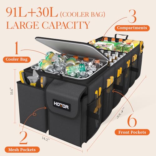 HOTOR Trunk Organizer for Car & SUV, Sturdy Car Organizer with Removable Cooler, Large Foldable Trunk Organizer with Cooler, 3 Compartments, Adjustable Straps, Black, 35.43”×14.17“×10.63” - Image 2