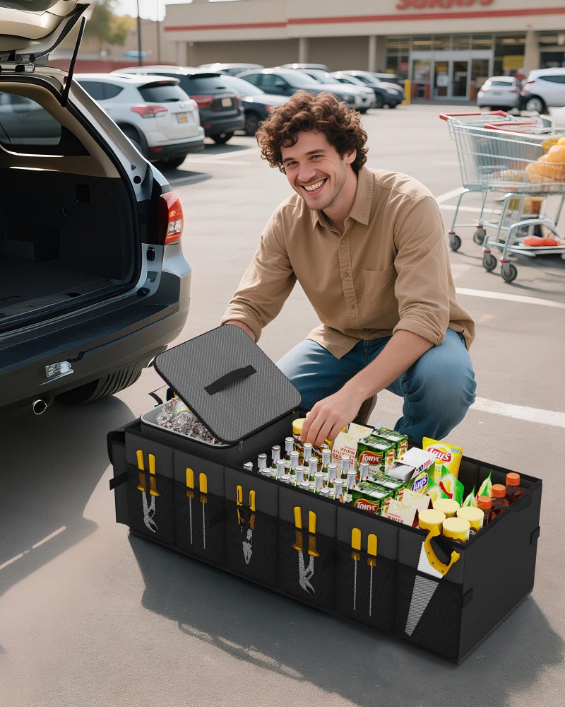 HOTOR Trunk Organizer for Car & SUV, Sturdy Car Organizer with Removable Cooler, Large Foldable Trunk Organizer with Cooler, 3 Compartments, Adjustable Straps, Black, 35.43”×14.17“×10.63” - Image 3