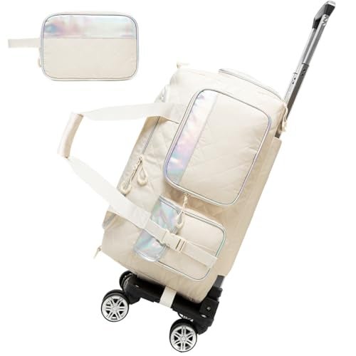 Oruiji Duffle Bag for Travel with Wheels Womens Weekender Bag MultiFunctional Duffel Bag Off White 20x11x9 - Image 1