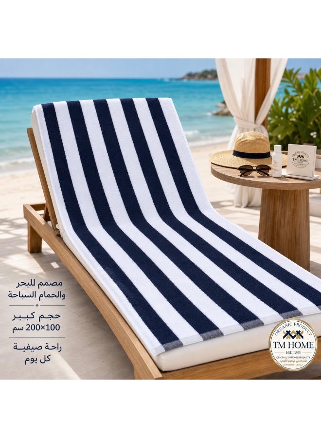 TM HOME Striped Beach Towel, 200 x 100 cm, Soft and Highly Absorbent, Quick Dry, Refined Hotel-Style Finish, Navy Blue - Image 2