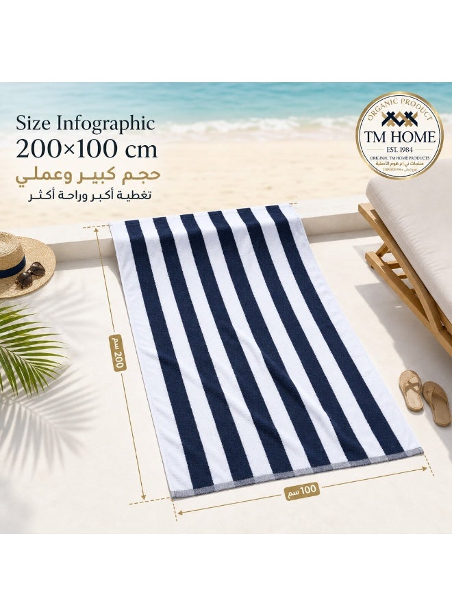 TM HOME Striped Beach Towel, 200 x 100 cm, Soft and Highly Absorbent, Quick Dry, Refined Hotel-Style Finish, Navy Blue - Image 1