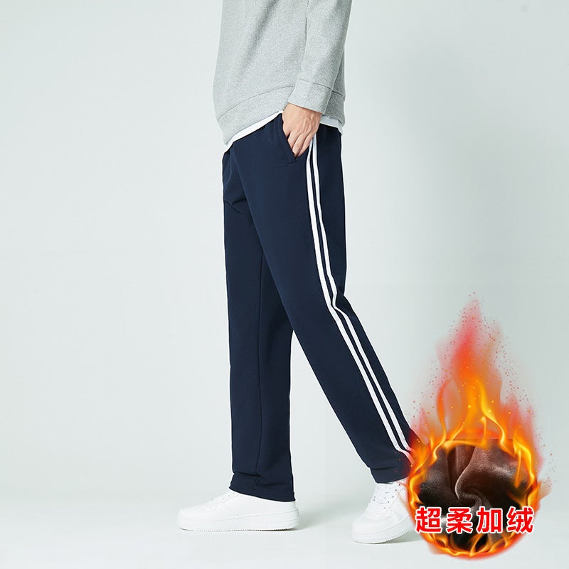 Two Bars School Uniform Pants Men And Women Junior High School Students Dark Blue Baby Velvet School Pants Pure Cotton Fleece-Lined Thickened - Image 1