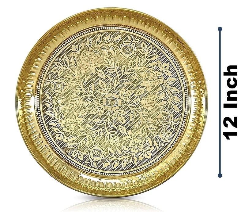 BENGALEN Brass Pooja Plate Puja Thali 12 Inch Arti Thali Set Traditional Designed Handcrafted Thal for Puja Ghar Home Office Mandir Diwali Weeding Return Gift Items - Image 2