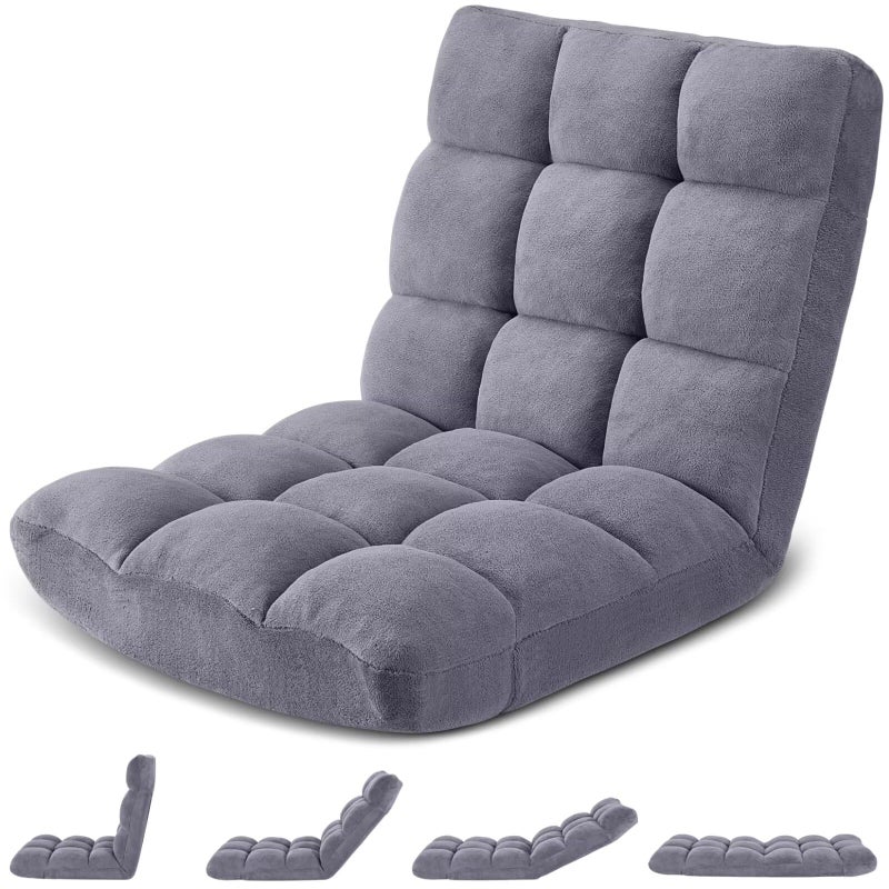 Avocahom Folding Floor Gaming Chair 14-Poistion Cushioned Adjustable Floor Lazy Sofa Chair w/Breathable Cotton & Skin-Friendly Coral Velve for Adults & Kids Perfect for Reading Gaming Meditating, Grey - Image 1
