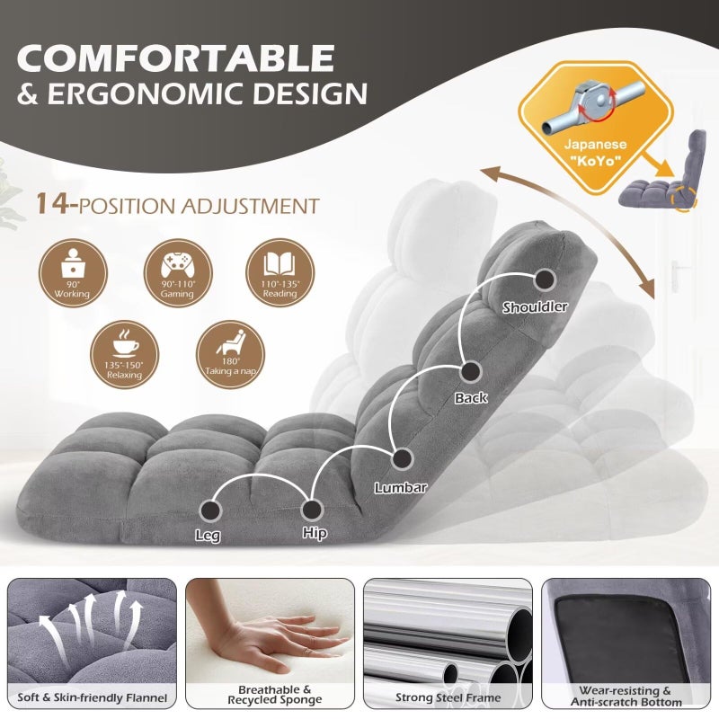 Avocahom Folding Floor Gaming Chair 14-Poistion Cushioned Adjustable Floor Lazy Sofa Chair w/Breathable Cotton & Skin-Friendly Coral Velve for Adults & Kids Perfect for Reading Gaming Meditating, Grey - Image 4