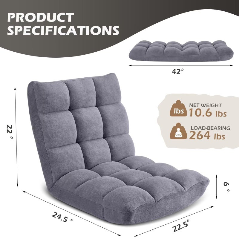 Avocahom Folding Floor Gaming Chair 14-Poistion Cushioned Adjustable Floor Lazy Sofa Chair w/Breathable Cotton & Skin-Friendly Coral Velve for Adults & Kids Perfect for Reading Gaming Meditating, Grey - Image 3