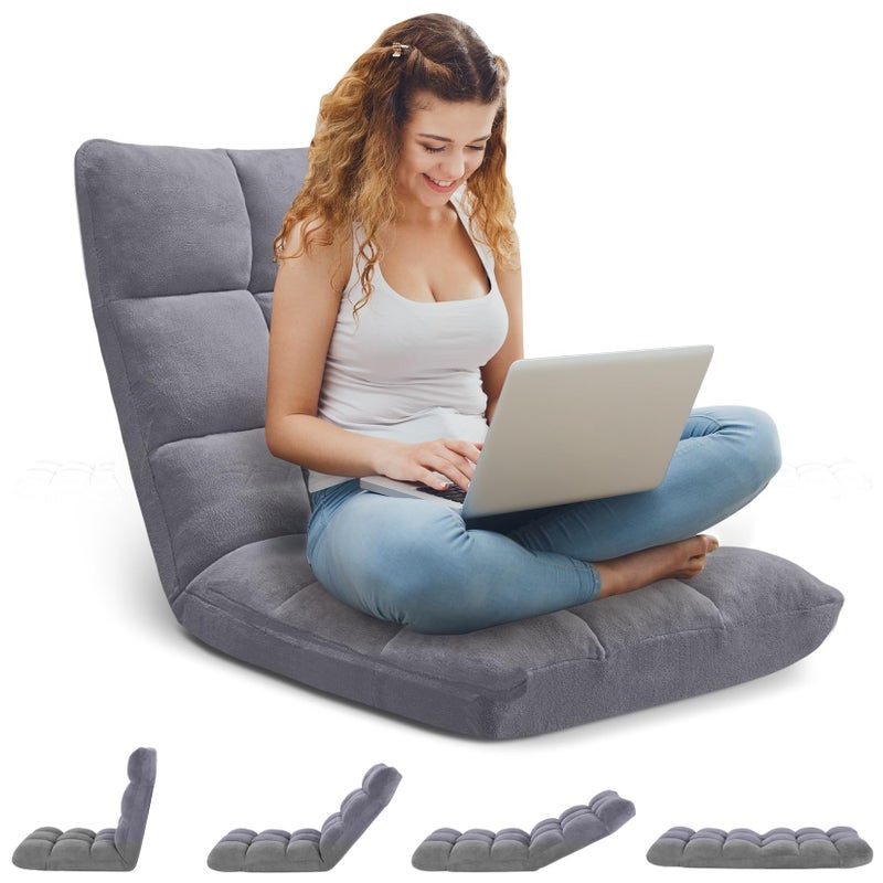 Avocahom Folding Floor Gaming Chair 14-Poistion Cushioned Adjustable Floor Lazy Sofa Chair w/Breathable Cotton & Skin-Friendly Coral Velve for Adults & Kids Perfect for Reading Gaming Meditating, Grey - Image 2