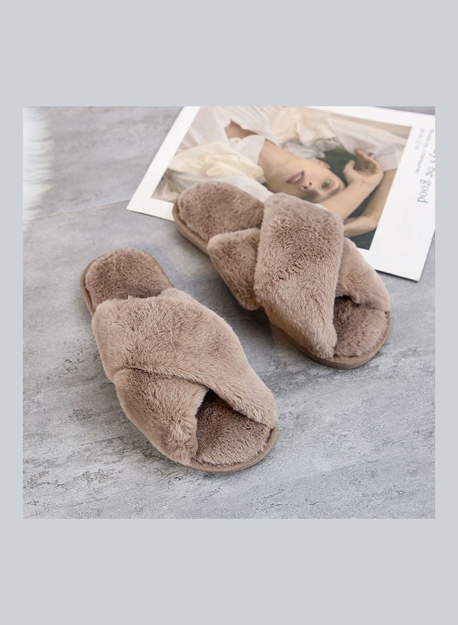 Cross Strap Flat Bedroom Slippers Brown - Image 5