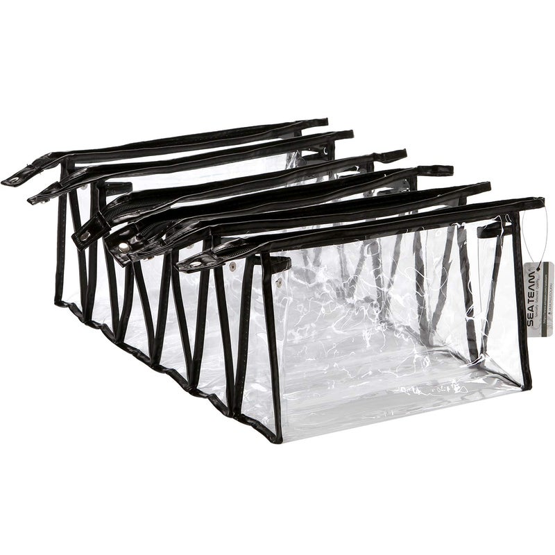 Sea Team Sea Team 6-Pack Transparent Waterproof Cosmetic Bags with Zipper, Clear Vinyl Plastic Makeup Bags, Portable Travel Toiletry Pouch, Organizer, Pencil Case (Black, Large/10.4")