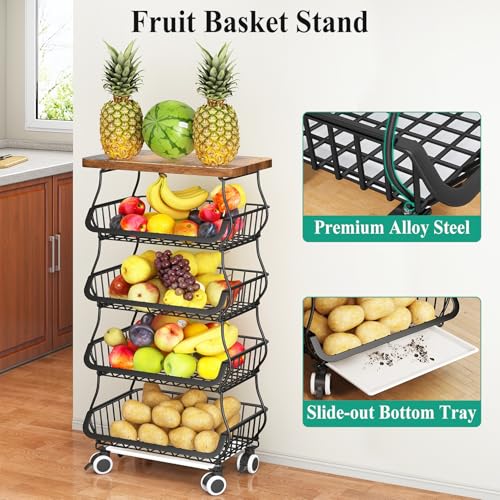 SAYZH Fruit Basket Kitchen Pantry Organizers and Storage - Wooden Top Table, Stackable Metal Wire Basket Stand Cart for Fruit Vegetable Snacks Onion Potato Organization (Black, 5 Tiers) - Image 2