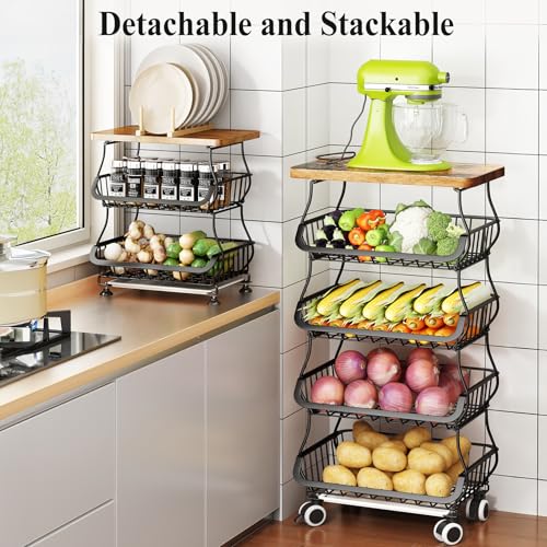 SAYZH Fruit Basket Kitchen Pantry Organizers and Storage - Wooden Top Table, Stackable Metal Wire Basket Stand Cart for Fruit Vegetable Snacks Onion Potato Organization (Black, 5 Tiers) - Image 4