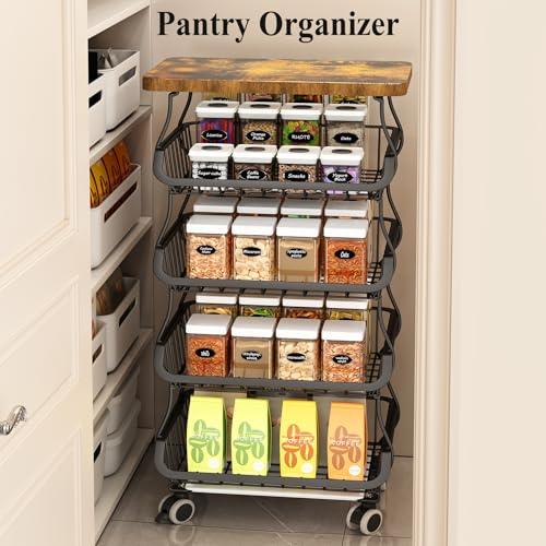 SAYZH Fruit Basket Kitchen Pantry Organizers and Storage - Wooden Top Table, Stackable Metal Wire Basket Stand Cart for Fruit Vegetable Snacks Onion Potato Organization (Black, 5 Tiers) - Image 5