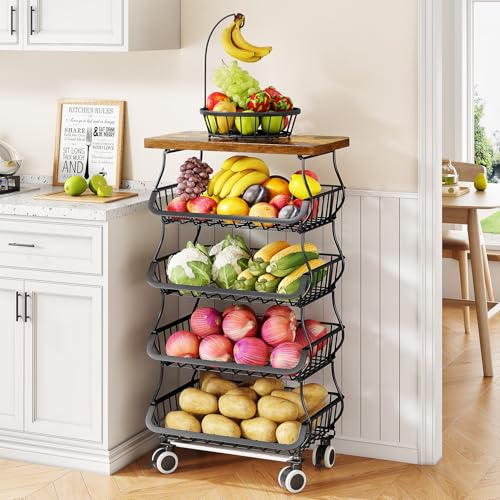 SAYZH Fruit Basket Kitchen Pantry Organizers and Storage - Wooden Top Table, Stackable Metal Wire Basket Stand Cart for Fruit Vegetable Snacks Onion Potato Organization (Black, 5 Tiers) - Image 1