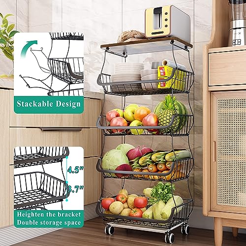 SAYZH Fruit Basket Kitchen Pantry Organizers and Storage - Wooden Top Table, Stackable Metal Wire Basket Stand Cart for Fruit Vegetable Snacks Onion Potato Organization (Black, 5 Tiers) - Image 3