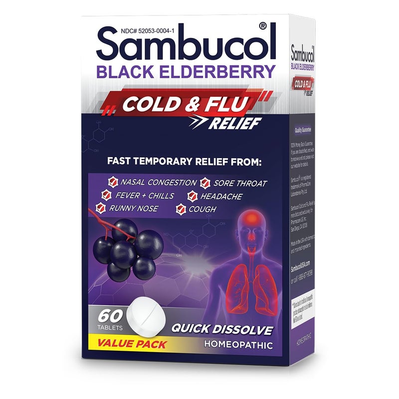 Sambucol Cold and Flu Relief Tablets - Homeopathic Cold Medicine, Cold Remedy for Adults, Black Elderberry for Colds, Zinc Cold Remedy - 60 Count - Image 1