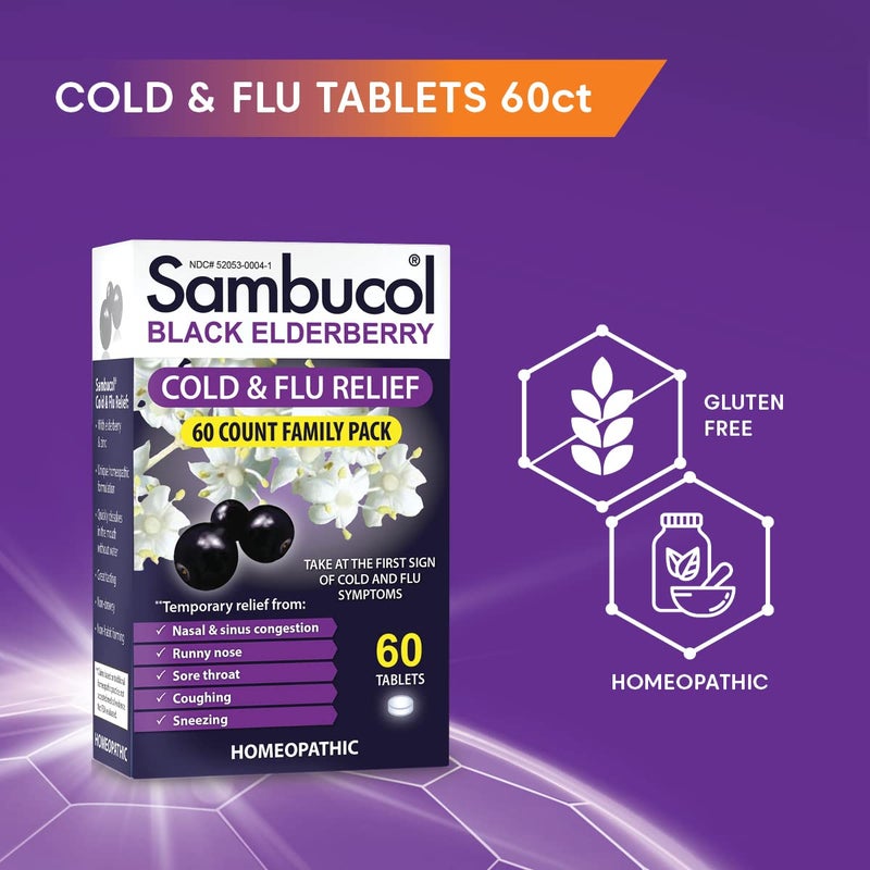 Sambucol Cold and Flu Relief Tablets - Homeopathic Cold Medicine, Cold Remedy for Adults, Black Elderberry for Colds, Zinc Cold Remedy - 60 Count - Image 4