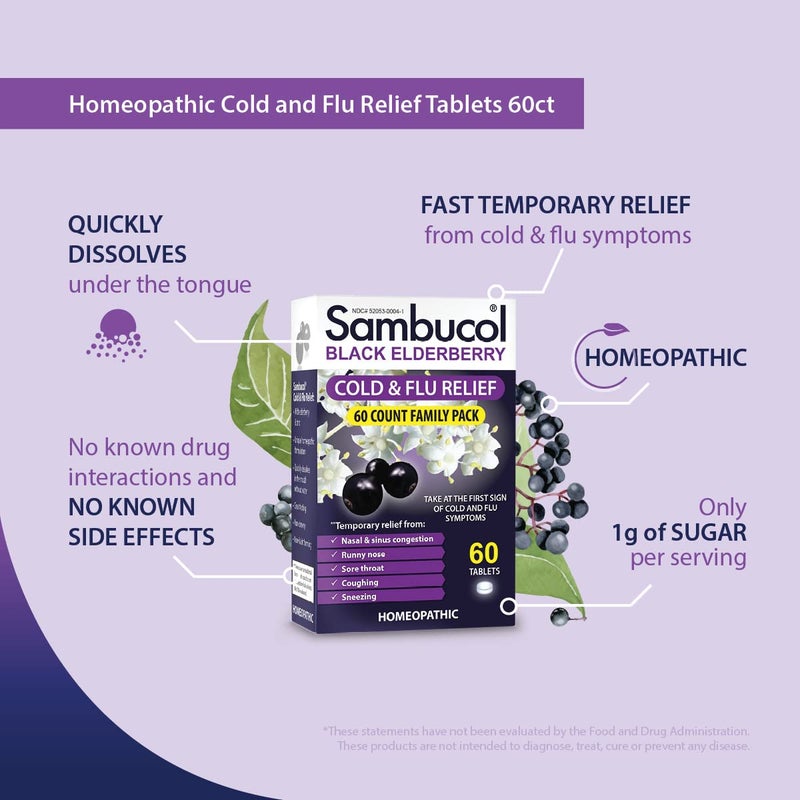 Sambucol Cold and Flu Relief Tablets - Homeopathic Cold Medicine, Cold Remedy for Adults, Black Elderberry for Colds, Zinc Cold Remedy - 60 Count - Image 5