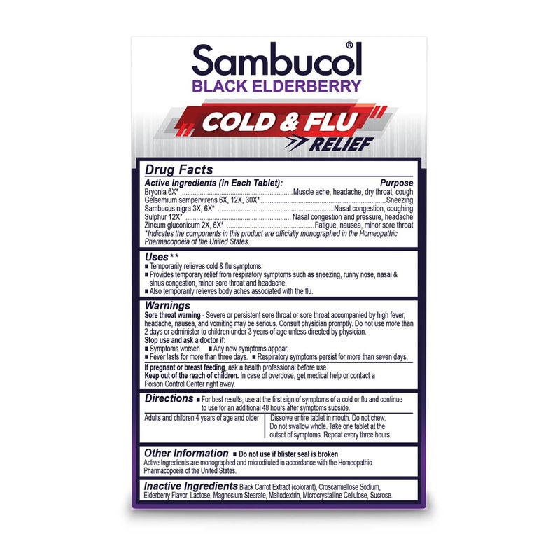 Sambucol Cold and Flu Relief Tablets - Homeopathic Cold Medicine, Cold Remedy for Adults, Black Elderberry for Colds, Zinc Cold Remedy - 60 Count - Image 3