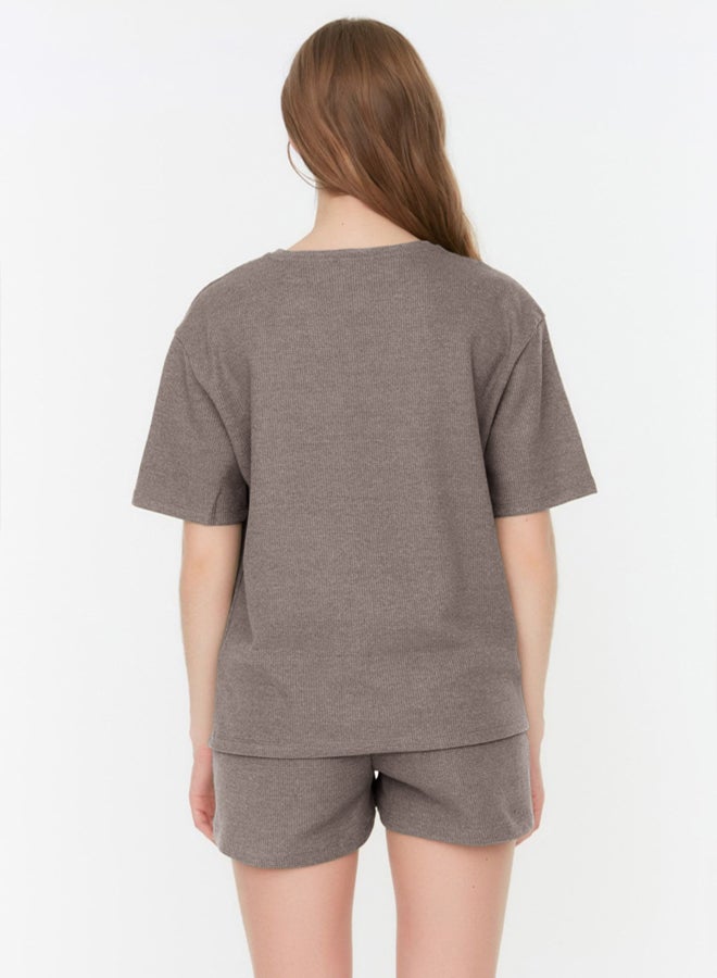 trendyol Mink Waffle Fabric Knitted Pajama Set with Shorts - Image 5