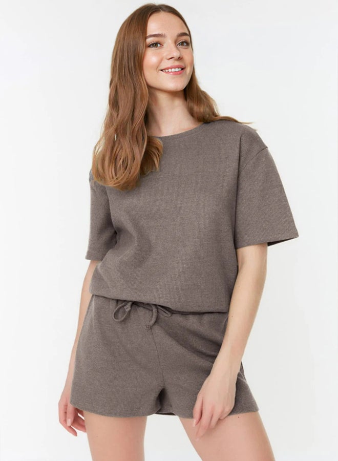 trendyol Mink Waffle Fabric Knitted Pajama Set with Shorts - Image 1