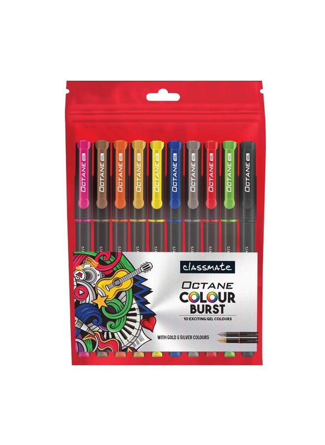 classmate Classmate Octane Colour Burst-Multicolour Gel Pens (Pack of 10) | Gold & Silver Glitter Sparkle Pens|10 Colour Ink Shades for Art Lovers and Kids|Fun at Home Essentials  - Image 1