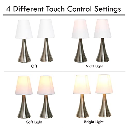 Simple Designs LT2014-WHT-2PK Valencia Brushed Nickel Mini Touch Table Lamps with Fabric Shades, White (Pack of 2) - Image 3