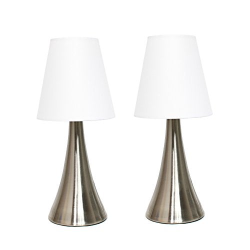 Simple Designs LT2014-WHT-2PK Valencia Brushed Nickel Mini Touch Table Lamps with Fabric Shades, White (Pack of 2) - Image 1