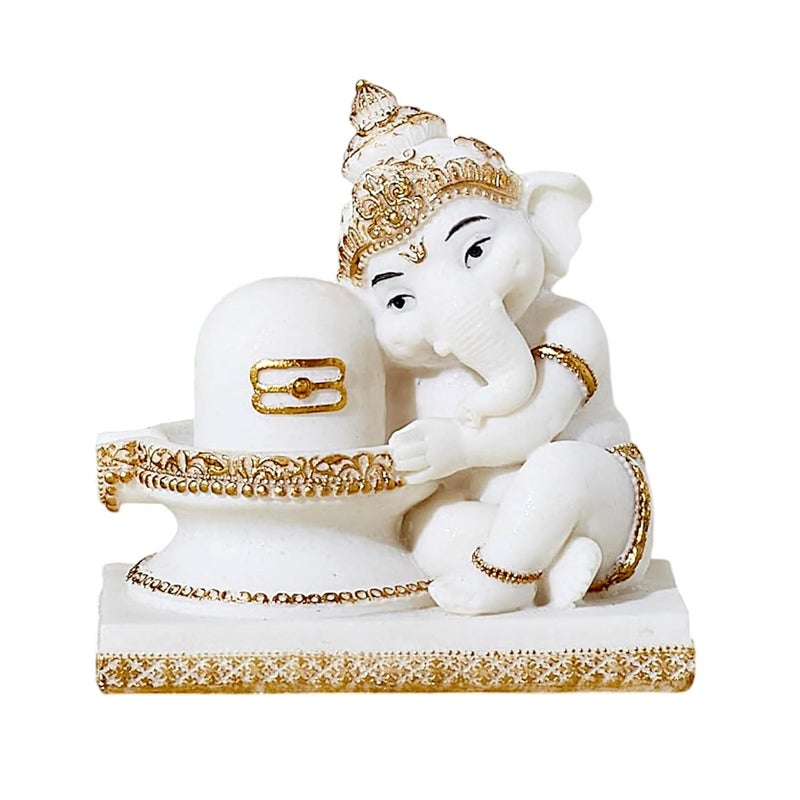 Karigaari India Ganesha Idol for Car Dashboard I Ganesh ji ki Murti in Shivling Pooja Posture I Cute Ganesha Showpiece for Home DecorGiftOffice White - Image 2