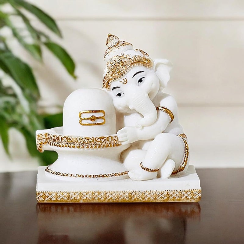 Karigaari India Ganesha Idol for Car Dashboard I Ganesh ji ki Murti in Shivling Pooja Posture I Cute Ganesha Showpiece for Home DecorGiftOffice White - Image 1