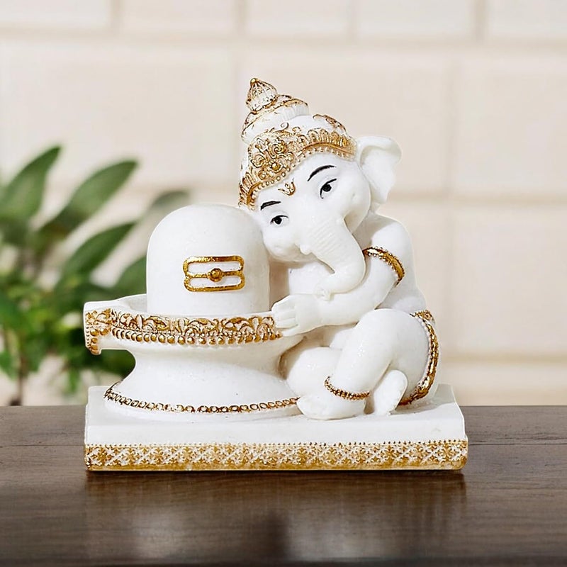 Karigaari India Ganesha Idol for Car Dashboard I Ganesh ji ki Murti in Shivling Pooja Posture I Cute Ganesha Showpiece for Home DecorGiftOffice White - Image 3