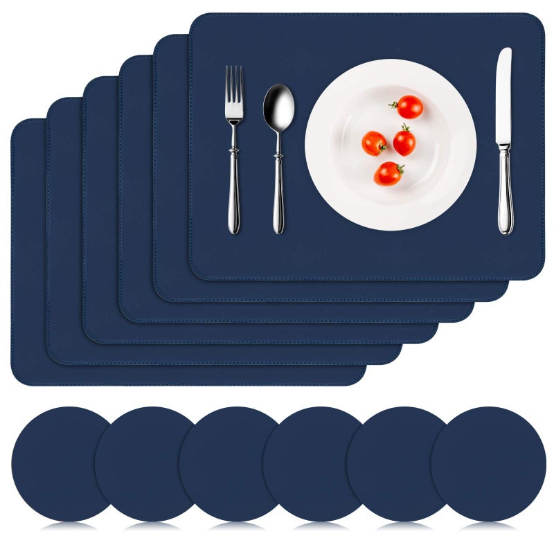 APLKER Placemats and Coasters Set of 6 Heat Insulation PU Leather Table Mats Waterproof Washable Dining Place Mats for Kitchen Indoor Outdoor Party 16 x12 inch  Navy Blue