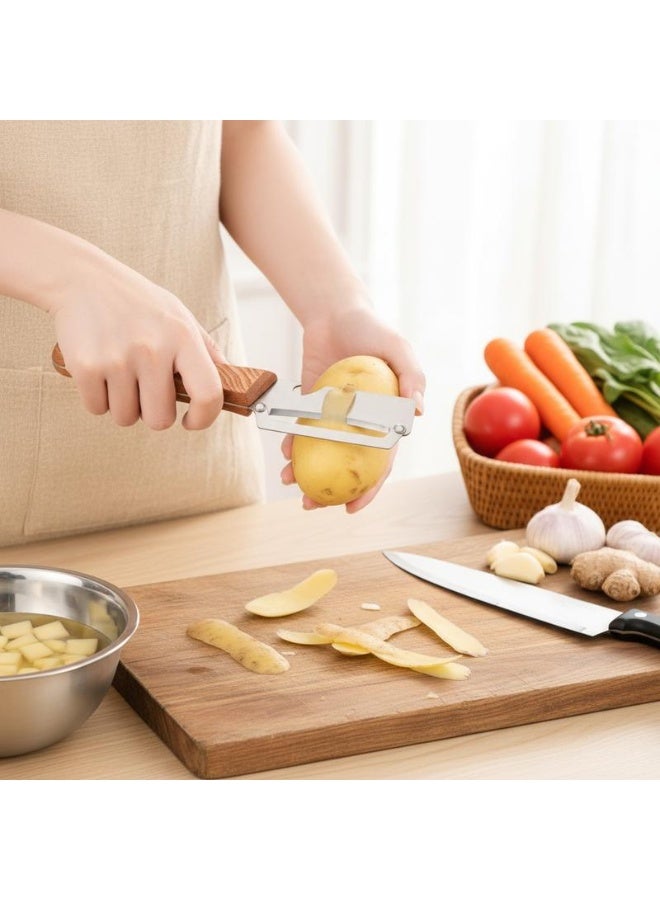 Wooden-Handled Vegetable & Fruit Peeler - Stainless Steel Blade with Built-In Bottle Opener, Ergonomic Kitchen Tool - Image 3