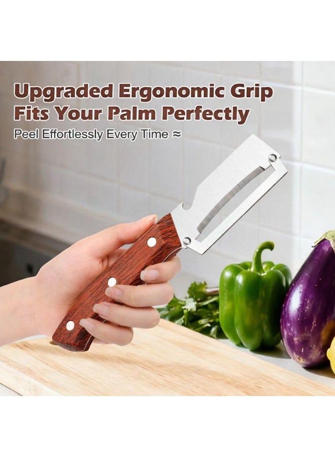 Wooden-Handled Vegetable & Fruit Peeler - Stainless Steel Blade with Built-In Bottle Opener, Ergonomic Kitchen Tool - Image 1
