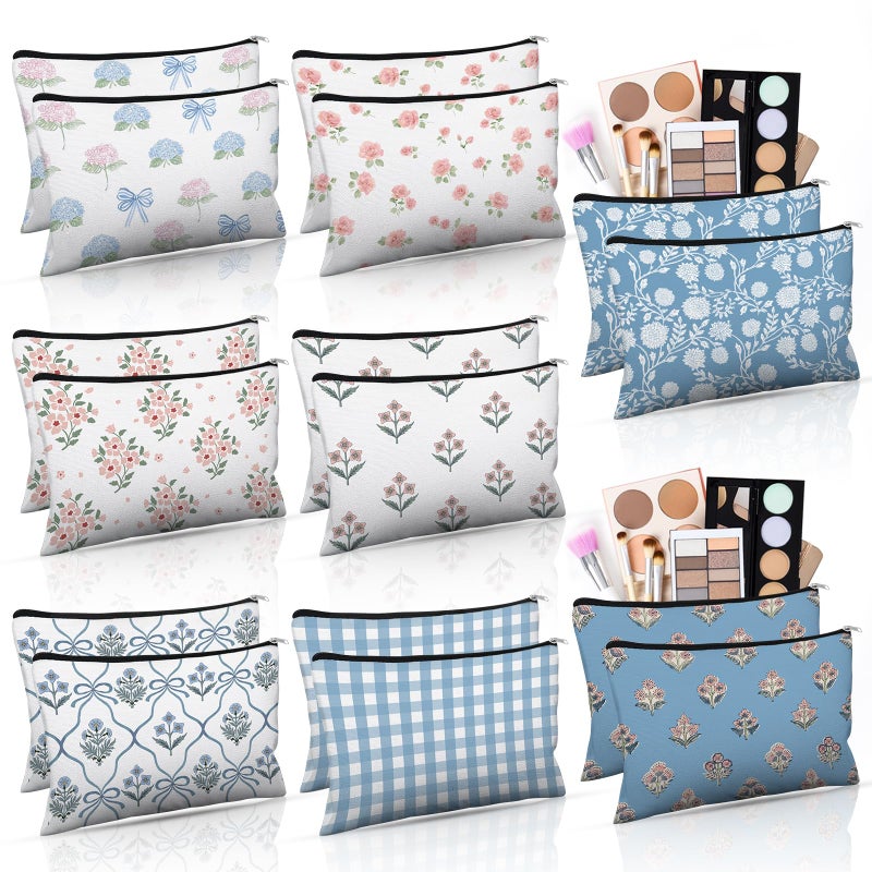 Stuffygreenus 16 Pcs Grandmillennial Cosmetic Bags Bulk for Women Blue and White Floral Makeup Bags Chinoiserie Canvas Travel Zipper Pouches Toiletry Bag for Girls Bridesmaids Wedding Supplies - Image 1