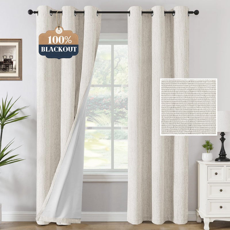 H.VERSAILTEX H.VERSAILTEX 100% Blackout Curtains Linen Textured Chenille Curtains Full Light Blocking Thermal Insulated Curtain Panels with White Flocking Coating Back  42"" W x 84"" L  Heathered Ivory - Image 1