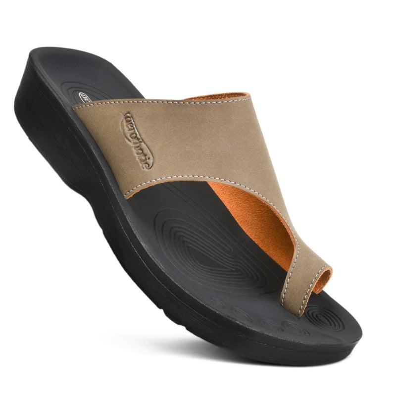 AEROTHOTIC Arch Support Flip Flops for Women Cushioned Footbed with Medium Heel Cup Slip on Soft Split Toe Bunion Shaped Straps Footwear Vacation Travel Walking Dressy Sandals for Women (Regan Khaki, Size 8) - Image 1