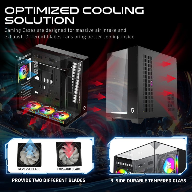 GAMEON GO-VALKYRIEI-M Mid Tower Gaming Case with ARGB PWM Lighting, 360mm Liquid Cooling Support, Tempered Glass Panels, ATX/Micro-ATX/Mini-ITX Compatibility black - Image 4