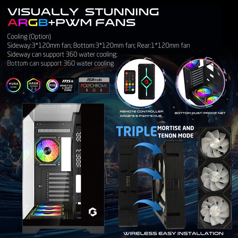 GAMEON GO-VALKYRIEI-M Mid Tower Gaming Case with ARGB PWM Lighting, 360mm Liquid Cooling Support, Tempered Glass Panels, ATX/Micro-ATX/Mini-ITX Compatibility black - Image 2