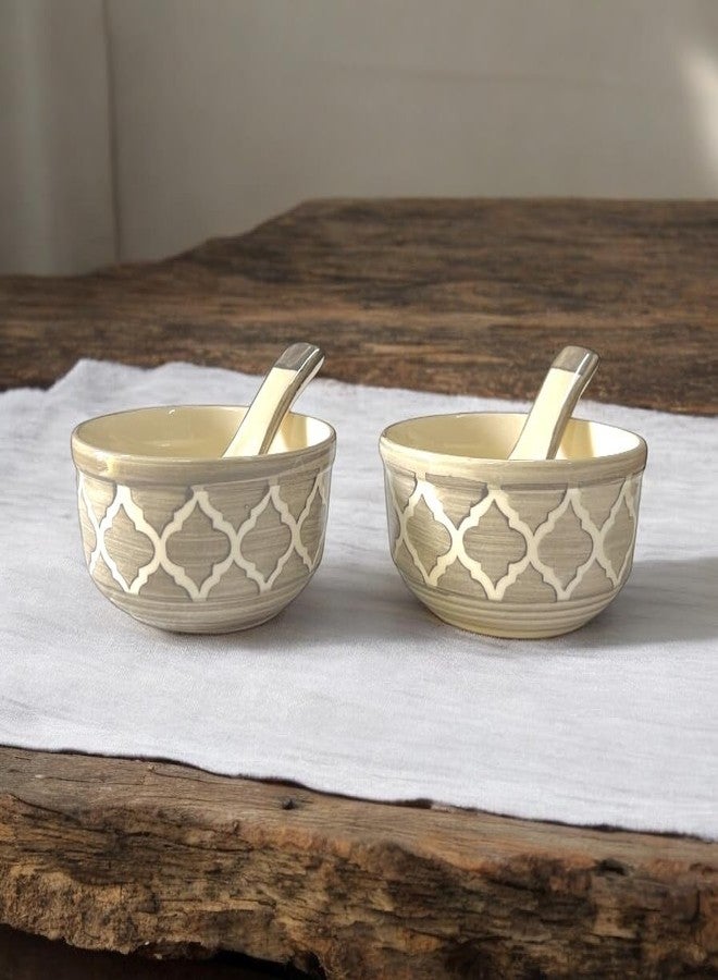BACKKSPACE RETAIL Ceramic Soup Bowls Set of 2 with Matching Spoons | Elegant Bowls for Soup, Curry, Maggi, Desserts | Microwave & Dishwasher Safe | Perfect for Home and Restaurant 350ml Each (Gray) - Image 1