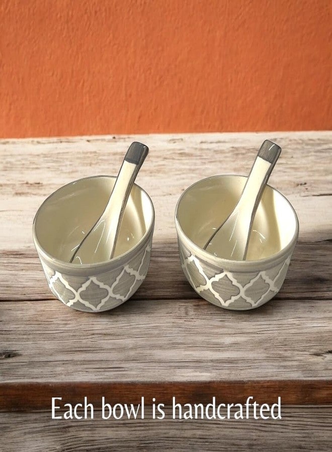 BACKKSPACE RETAIL Ceramic Soup Bowls Set of 2 with Matching Spoons | Elegant Bowls for Soup, Curry, Maggi, Desserts | Microwave & Dishwasher Safe | Perfect for Home and Restaurant 350ml Each (Gray) - Image 2
