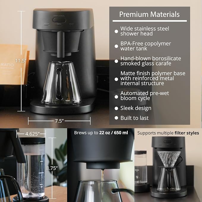 RATIO Four Coffee Machine with Removable Water Tank  Drip Coffee Maker with 4-Minute Brew Time  520 Ounce Single-Serve Brewer  11.5" H  7.5" W" - Matte Black - Image 3