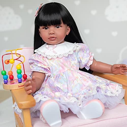 KOKOMANDY Lifelike African American Reborn Baby Dolls Black Girl 24 inches Toddler Doll Handamde Realistic Silicone Reborn Doll Weighted Body with Long Black Hair Toys for Kids - Image 5