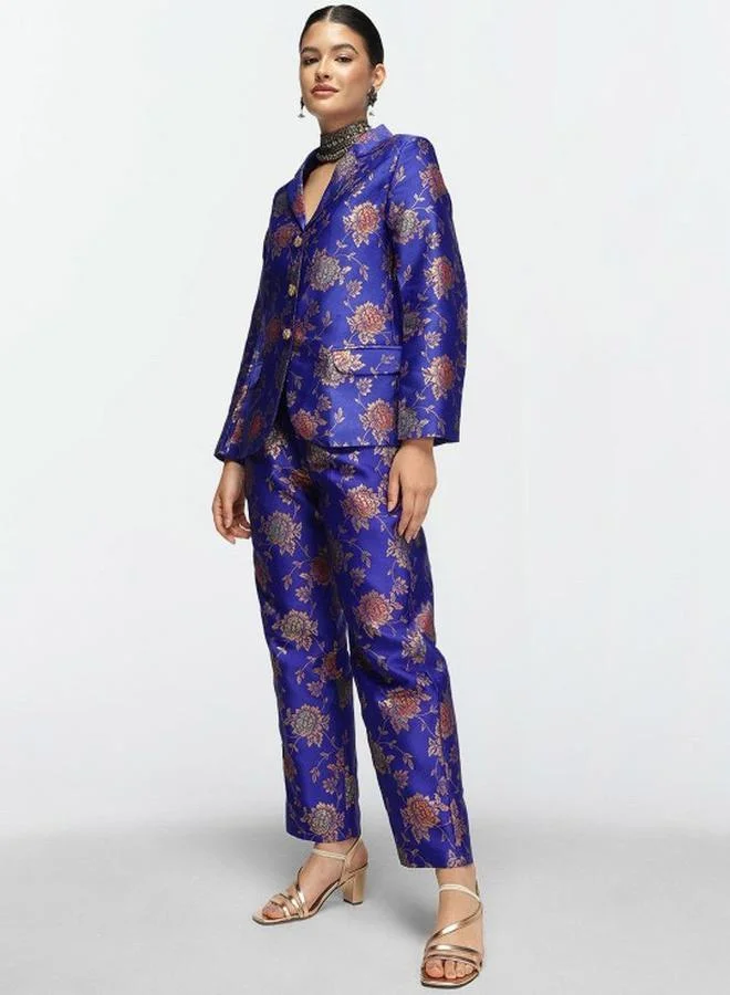 آي شين Women's Blue Silk Blend Printed Button Down Top With Cropped Palazzo Straight Co-Ords