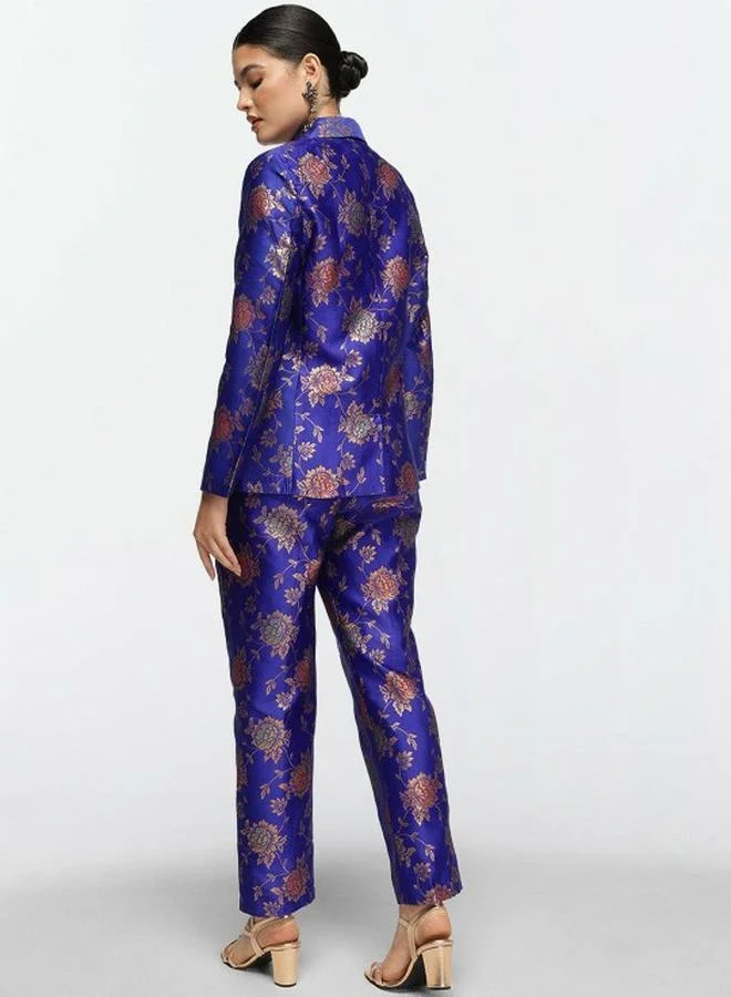 آي شين Women's Blue Silk Blend Printed Button Down Top With Cropped Palazzo Straight Co-Ords