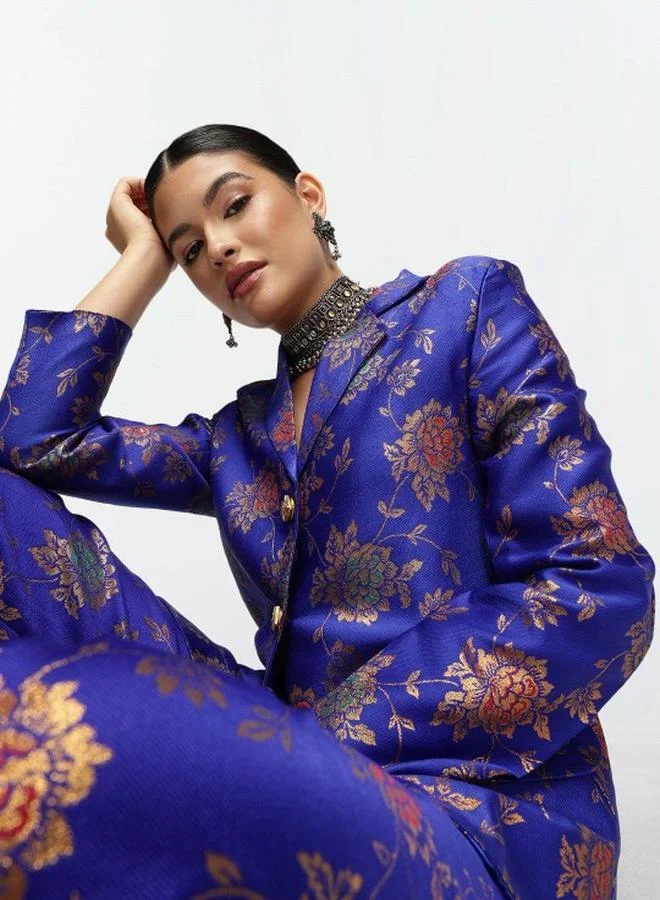 آي شين Women's Blue Silk Blend Printed Button Down Top With Cropped Palazzo Straight Co-Ords