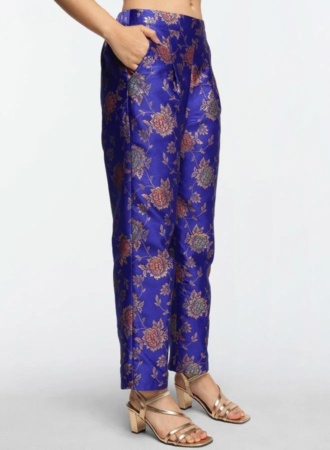آي شين Women's Blue Silk Blend Printed Button Down Top With Cropped Palazzo Straight Co-Ords